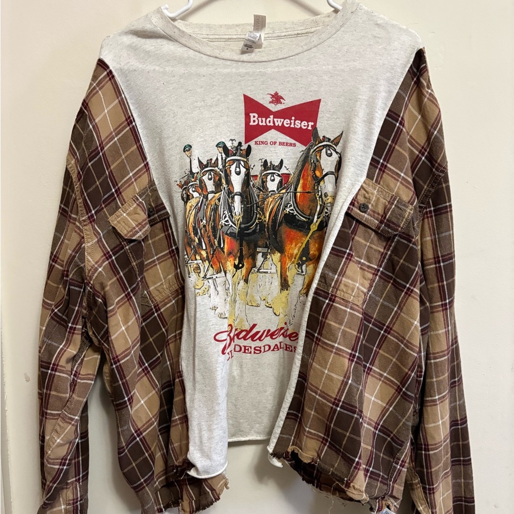 Budweiser Long Sleeve Graphic Tee with Plaid Sleeves
